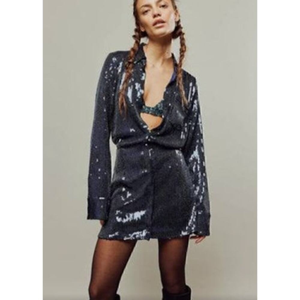 Free People Sophie Dress Sequin Long Sleeve Mini Midnight Navy Blue NWT M